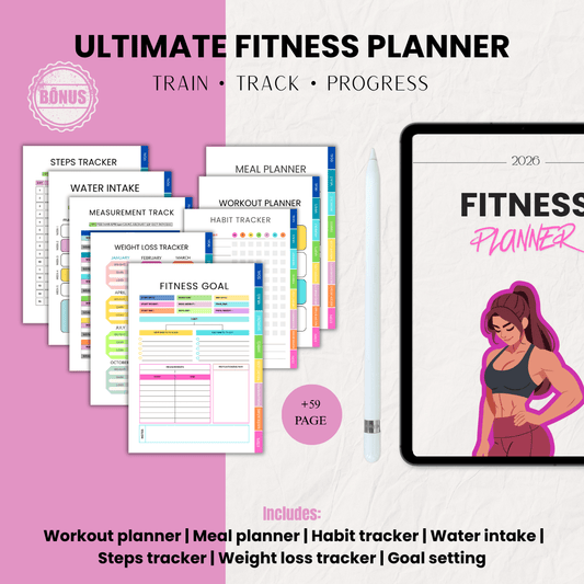2026 Fitness Planner | Interactive PDF | Weight Loss Tracker | 59+ Pages