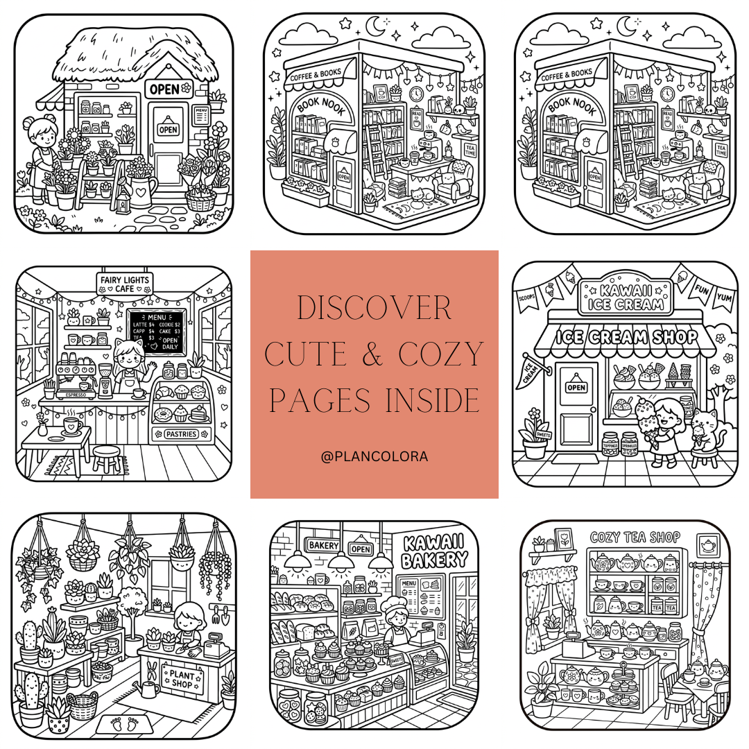 Cozy Mini Shops Coloring Book | 63 Pages | PLR & MRR | PDF Download