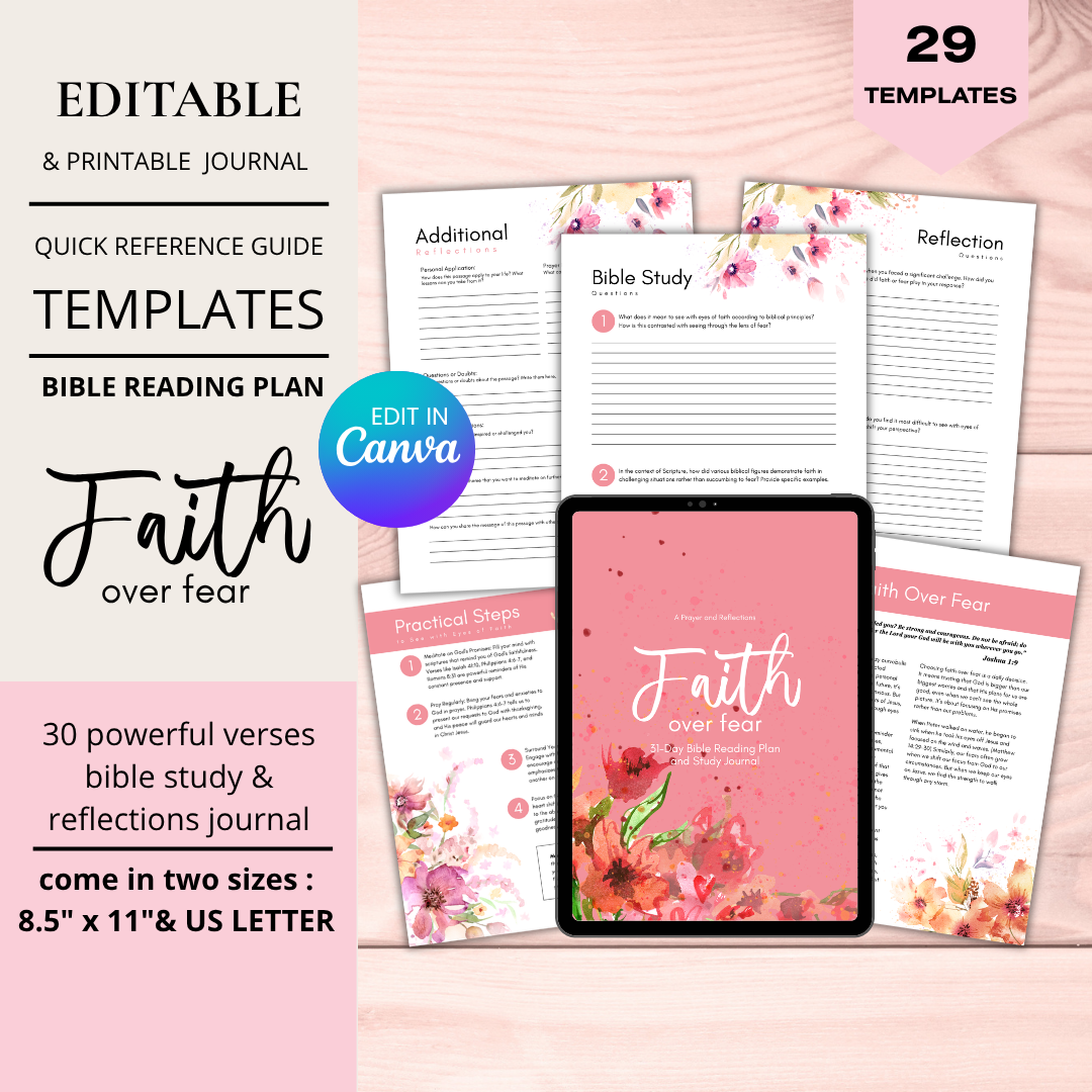 Faith Over Fear Bible Journal | 29 Templates | 31-Day Reading Plan | Canva Editable PDF