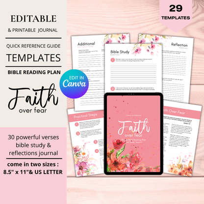 Faith Over Fear Bible Journal | 29 Templates | 31-Day Reading Plan | Canva Editable PDF