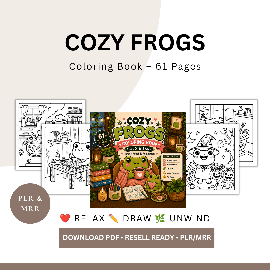 Cozy Frogs Coloring Book | 61 Cute & Easy Pages | PLR & MRR PDF