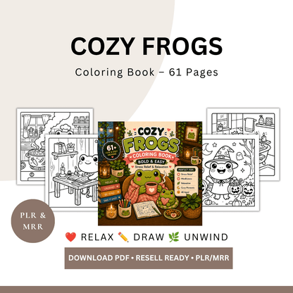 Cozy Frogs Coloring Book | 61 Cute & Easy Pages | PLR & MRR PDF